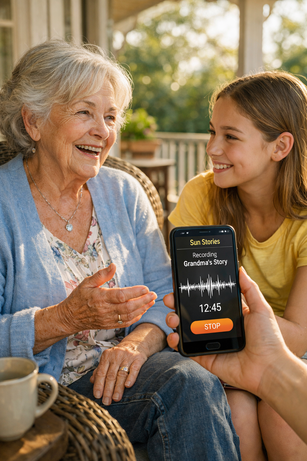 A grandmother and grandchild sharing a warm moment together on a sunlit porch